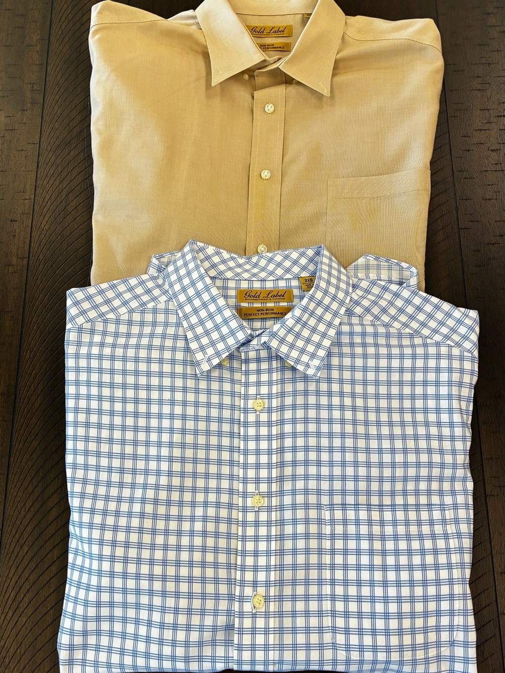Roundtree & Yorke Men’s Dress Shirts — Beige Solid & Blue/White Check